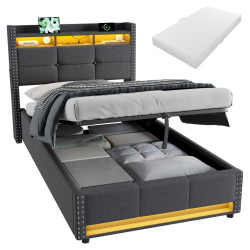 STILVORA ČALOUNĚNÁ POSTEL 90 × 200 cm s matrací, úložným prostorem, LED a USB, šedá, lněný potah