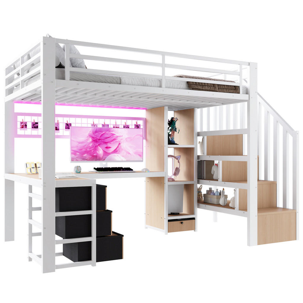STILVORA PATROVÁ POSTEL 90/200 cm, bílá, se 4 zásuvkami, LED a psacím stolem