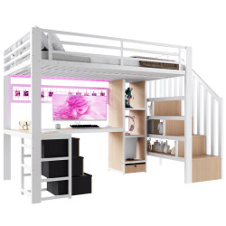 STILVORA PATROVÁ POSTEL 90/200 cm, bílá, se 4 zásuvkami, LED a psacím stolem