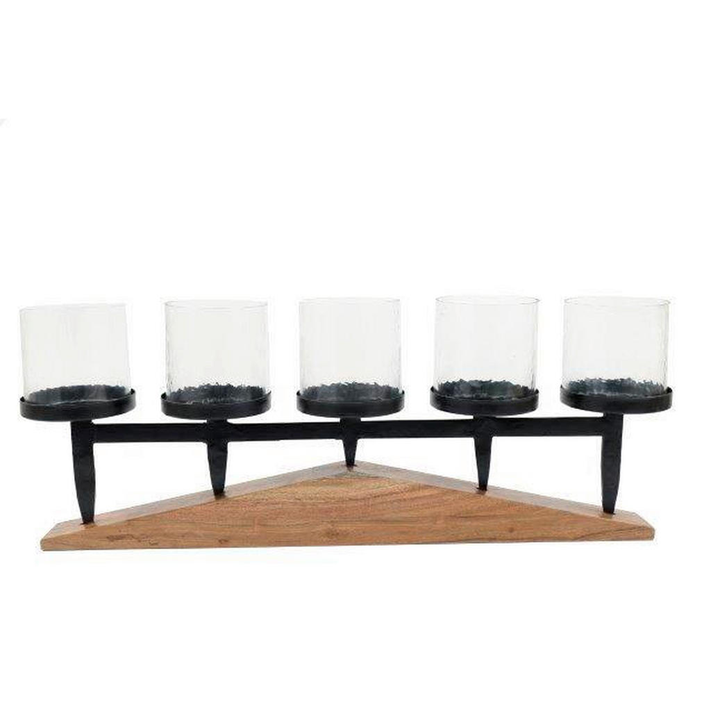 STOJAN NA SVÍČKY dřevo, kov, sklo