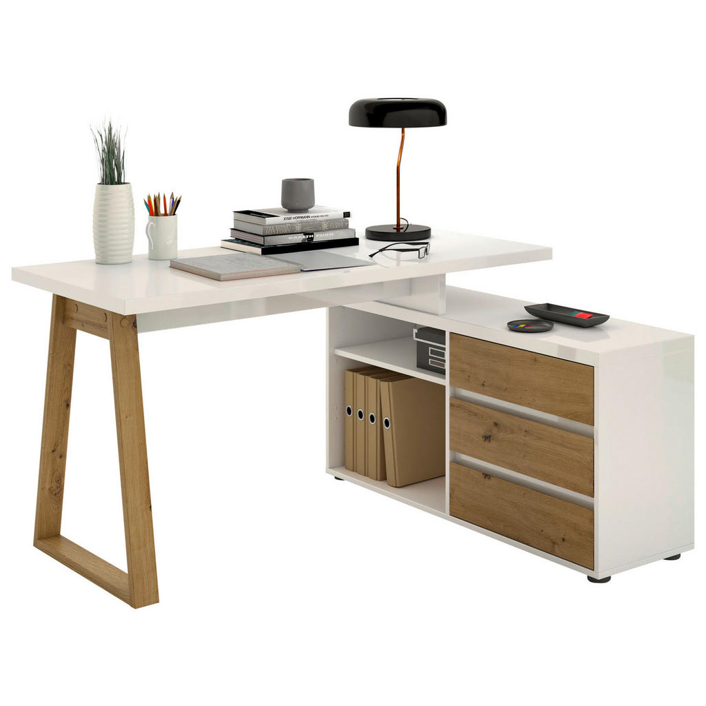 Stylife ROHOVÝ PSACÍ STŮL, bílá, dub artisan, 135/120/75 cm