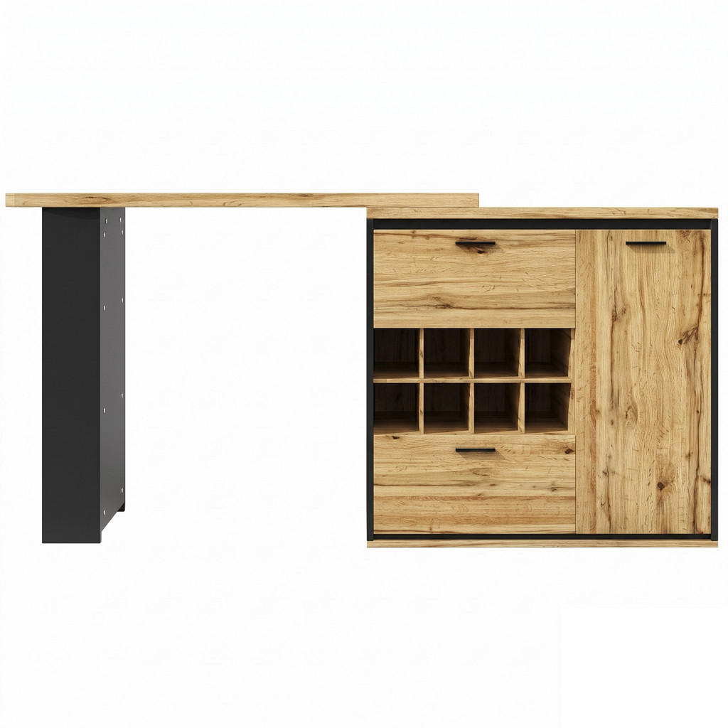 Urban Meuble BAROVÝ STŮL rozkládací 138-220 cm v dekoru dřeva s úložným prostorem a regálem na víno