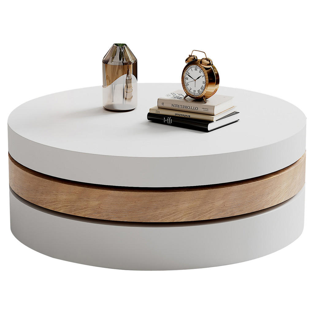 Urban Meuble KONFERENČNÍ STOLEK otočný 360° bílý a přírodní, 60 × 60 × 35,1 cm