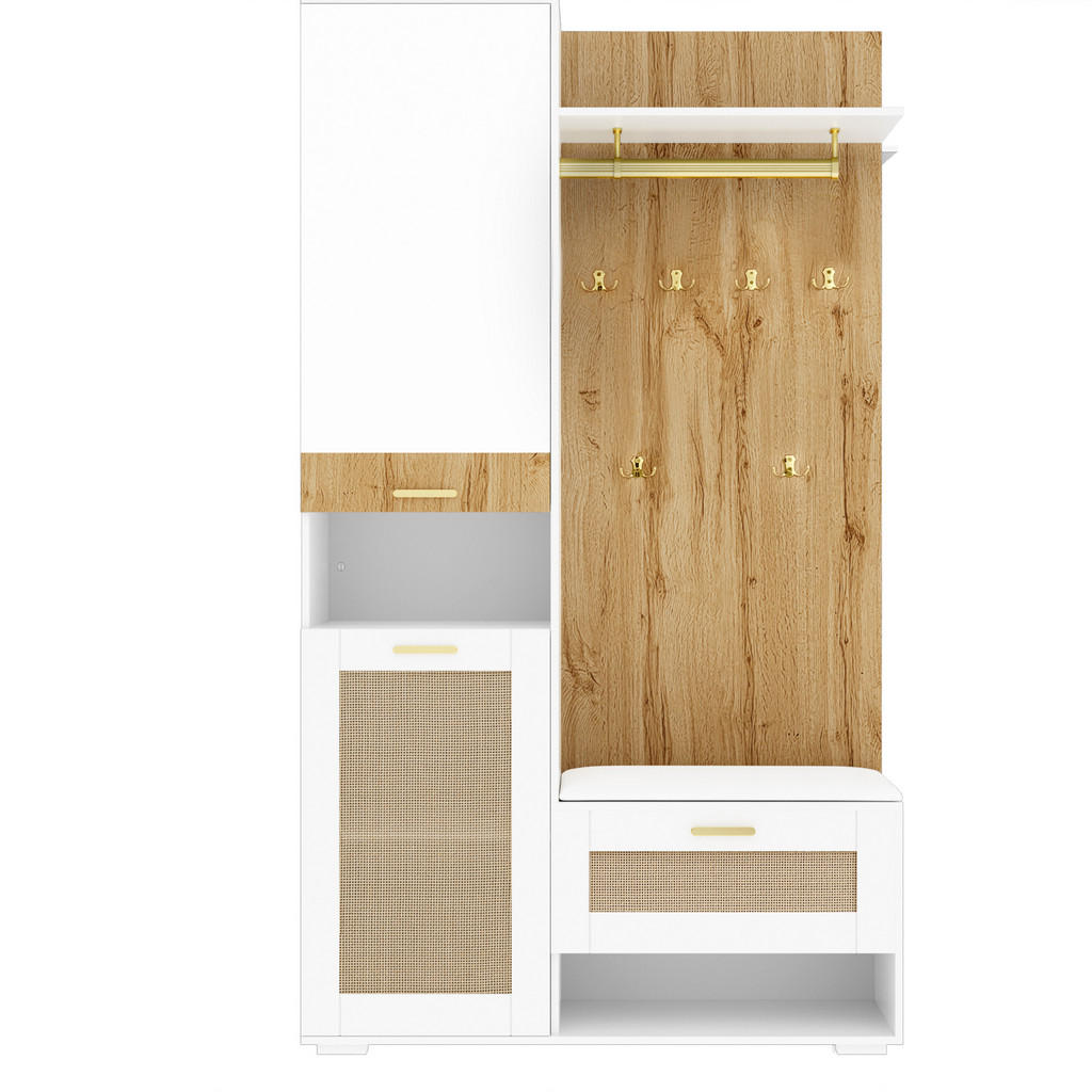 Urban Meuble PŘEDSÍŇOVÁ STĚNA 110 cm, bílá a dřevo, zrcadlo, ratan