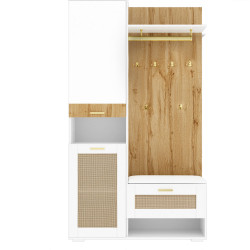 Urban Meuble PŘEDSÍŇOVÁ STĚNA 110 cm, bílá a dřevo, zrcadlo, ratan