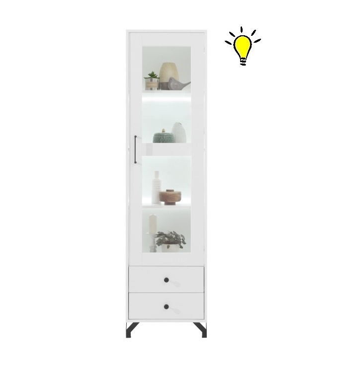 Úzká vitrína bjorn s osvětlením, skandinávský styl - bílá