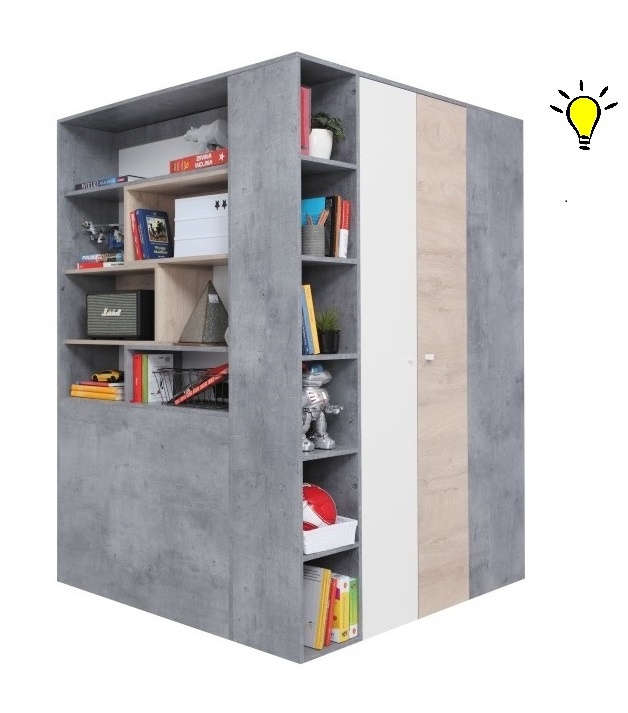 Velká šatní skříň omega s osvětlením - bílá/dub/beton