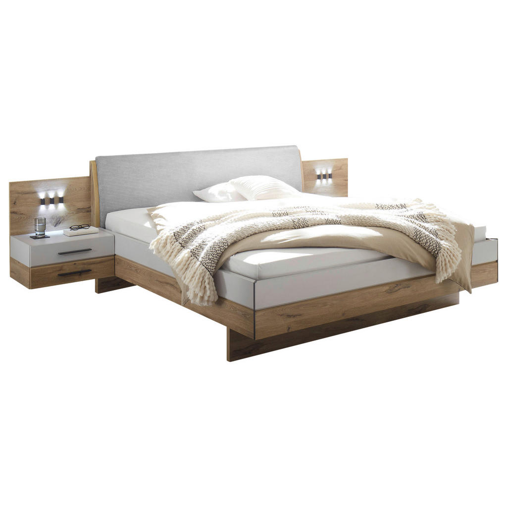 Venda POSTEL S NOČNÍMI STOLKY, 180/200 cm, barvy dubu, světle šedá