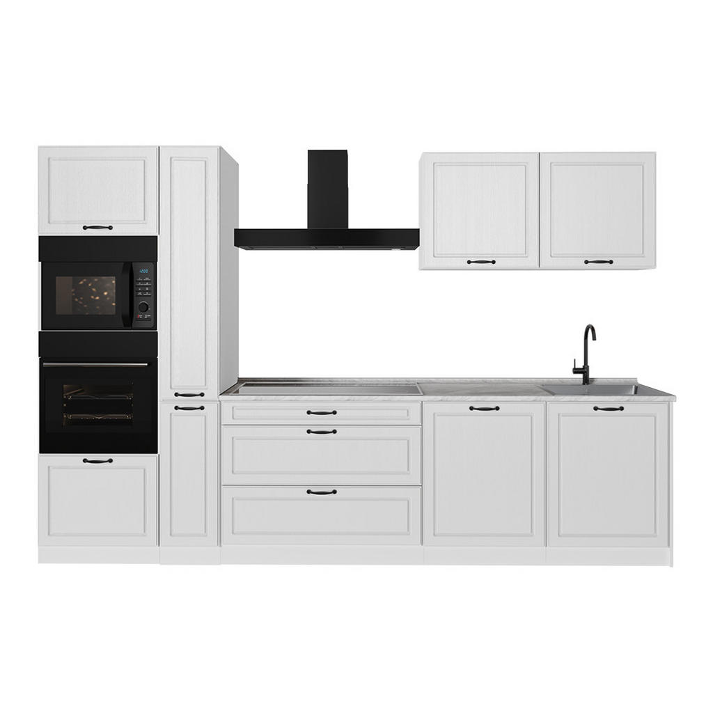 Vicco KUCHYŇSKÝ KOUT R-Line, Bílý venkovský dům/Bílá, 310 cm pracovná doska Mramor