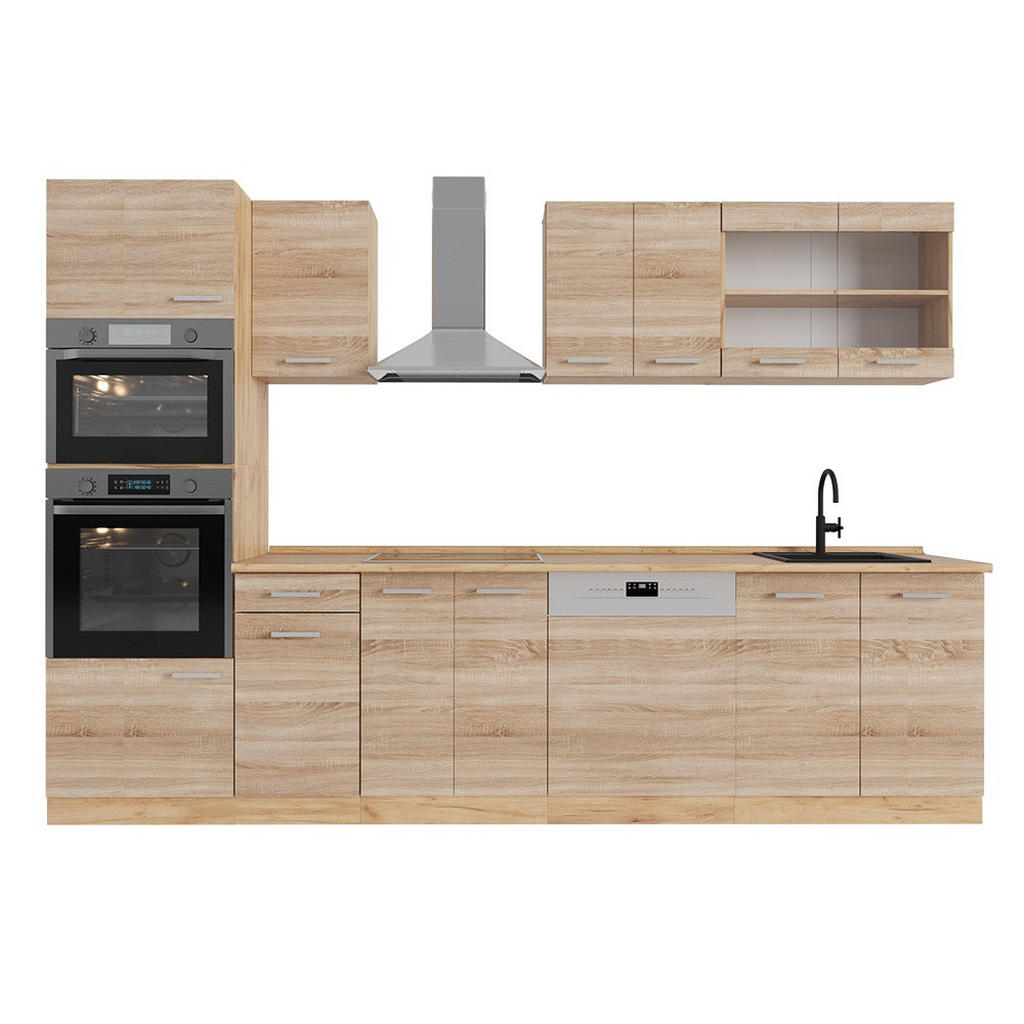 Vicco KUCHYŇSKÝ KOUT R-Line Dub Sonoma/Goldkraft 300 cm s vysokou skříní, bez pracovní desky