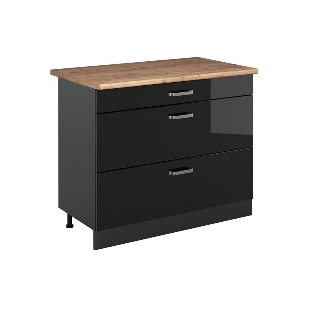 Vicco SPODNÍ SKŘÍŇKA KUCHYŇSKÉ LINKY R-Line, Černý vysoký lesk/Antracit, 100 cm pracovná doska Dub Goldkraft