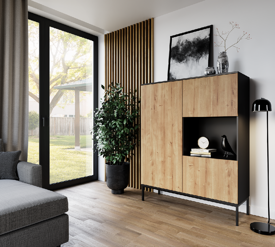 Vitrína Lanzzi Barva korpusu: Černá, Dveře: Dub-Artisan