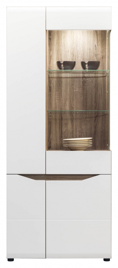 Vitrína lionel 4d - dub sonoma truflový/bílý lesk - s osvětlením led