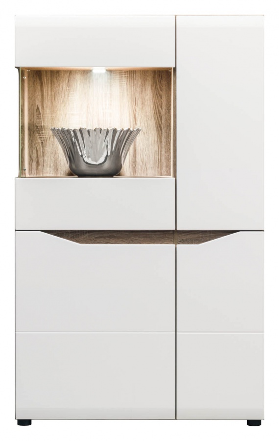 Vitrína lionel nízká - dub sonoma truflový/bílý lesk - s osvětlením