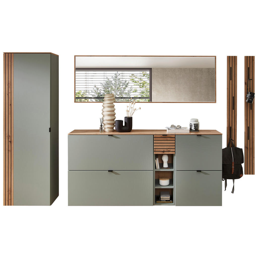 Voleo PŘEDSÍŇOVÁ STĚNA, šalvějově zelená, dub artisan, 261/179/37 cm