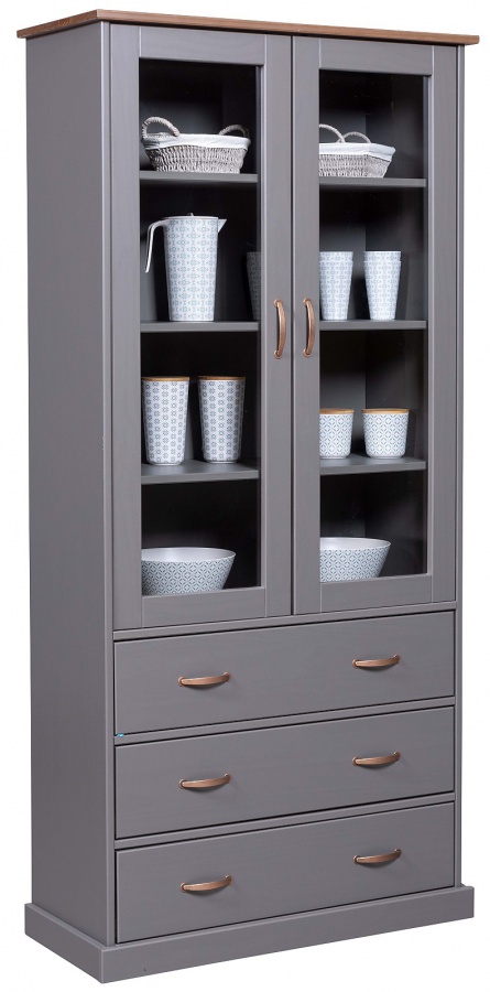 Vysoká vitrína z masivu weston - šedá/hnědá