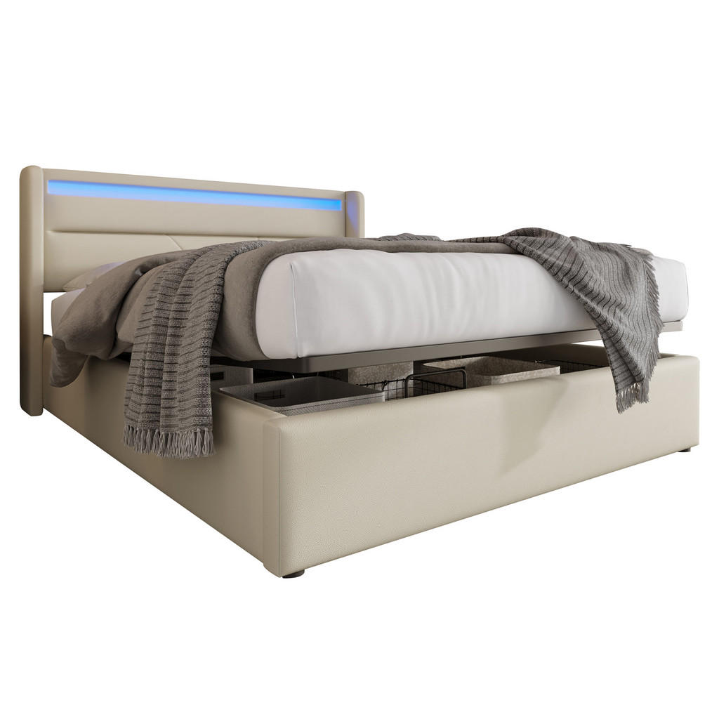 WISHDOR ČALOUNĚNÁ POSTEL 140/200 cm v bílé barvě s úložným prostorem a LED